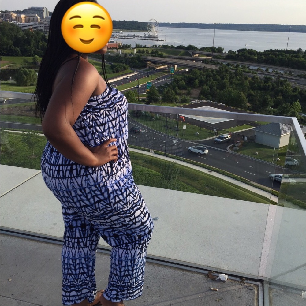 Blue and white strapless jumpsuit